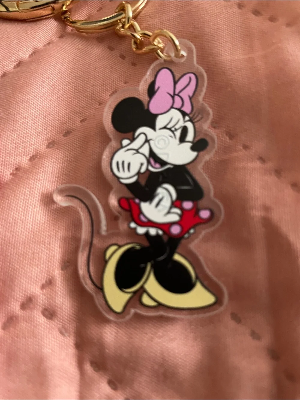 Disney Minnie Mouse Pink Pom Keychain with Red Tag and Gold Hardware